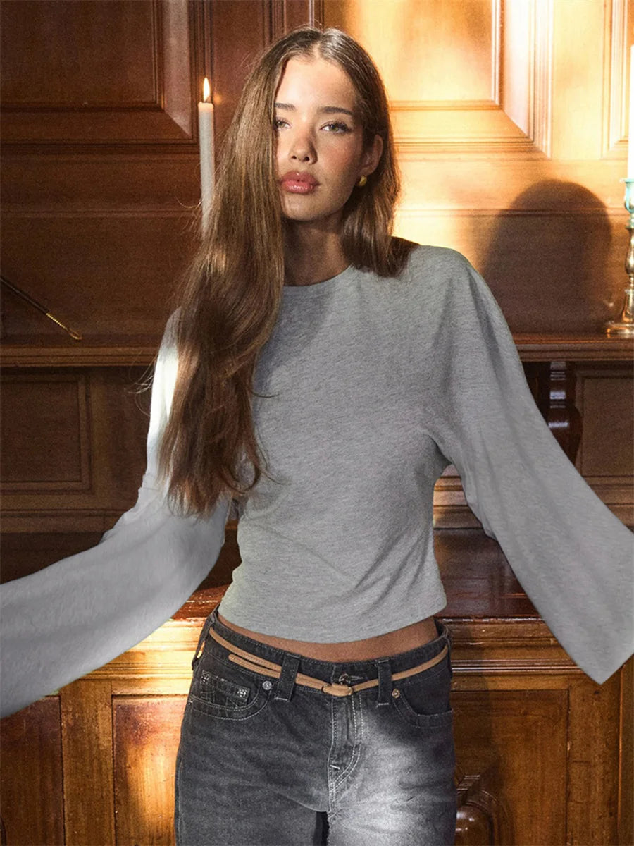 Women Solid Color Round Neck Front Shoulder Wide Long Sleeves Cinched Waist Slim Crop Top Daily Casual Simple Versatile Tops