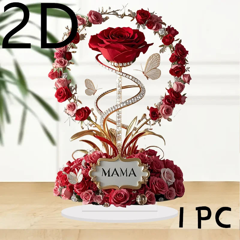 2D Acrylic Ornament Red Rose MOM Pattern Roses Mother Flat Elegant Desk Decora Filial Child to Mother Gifts