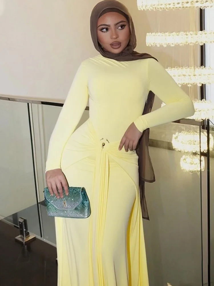 Mozision Elegant Long Sleeve Ruched Sexy Maxi Dress Women Gown Autumn Fashion Draped Bodycon Long Dresses Female Clothing