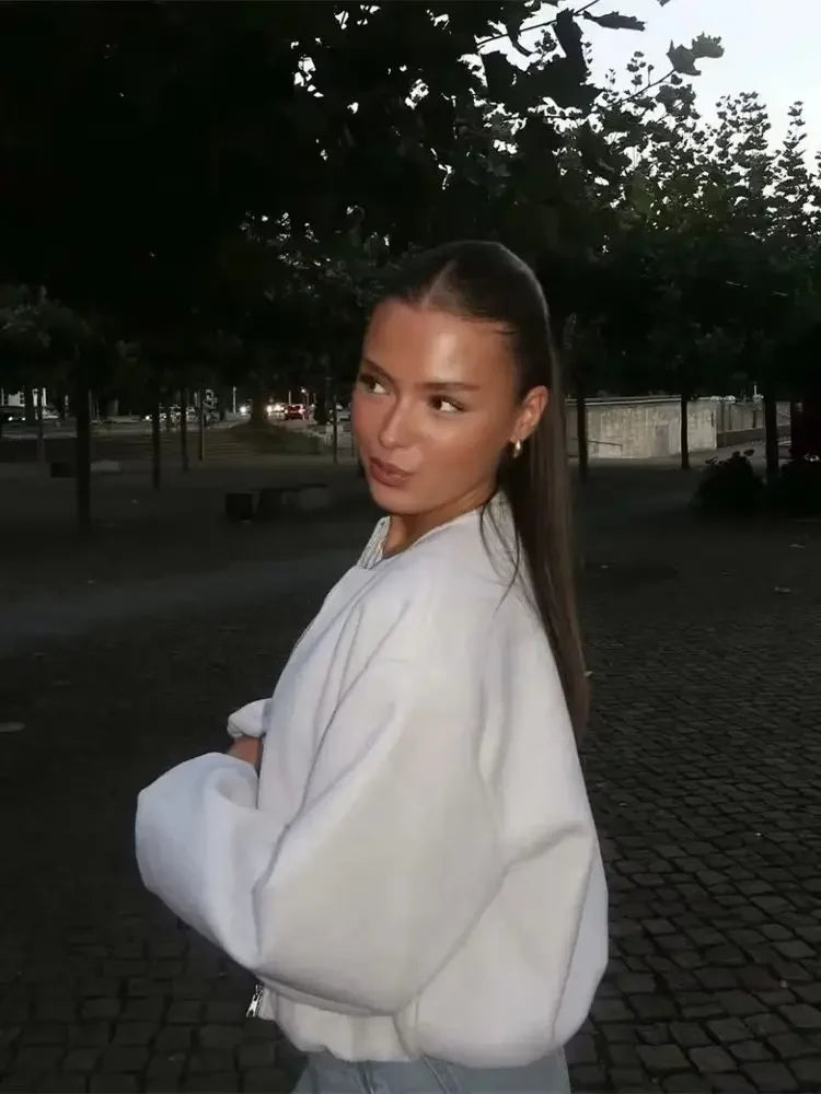 (Copy) Ladies Fashion Autumn Winter Jacket Women Retro Round Neck Long Sleeve Elastic Hem Zipper Soft Bomber Jacket Women Coat Female