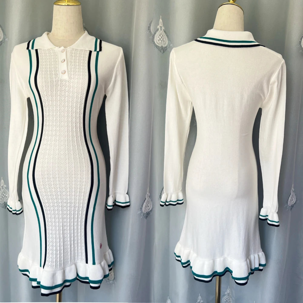 YuooMuoo Chic Fashion Sexy Package Hips Knitted Mini Dress 2025 Autumn Vintage Turn-down Collar Ruffled Party Dress Streetrwear