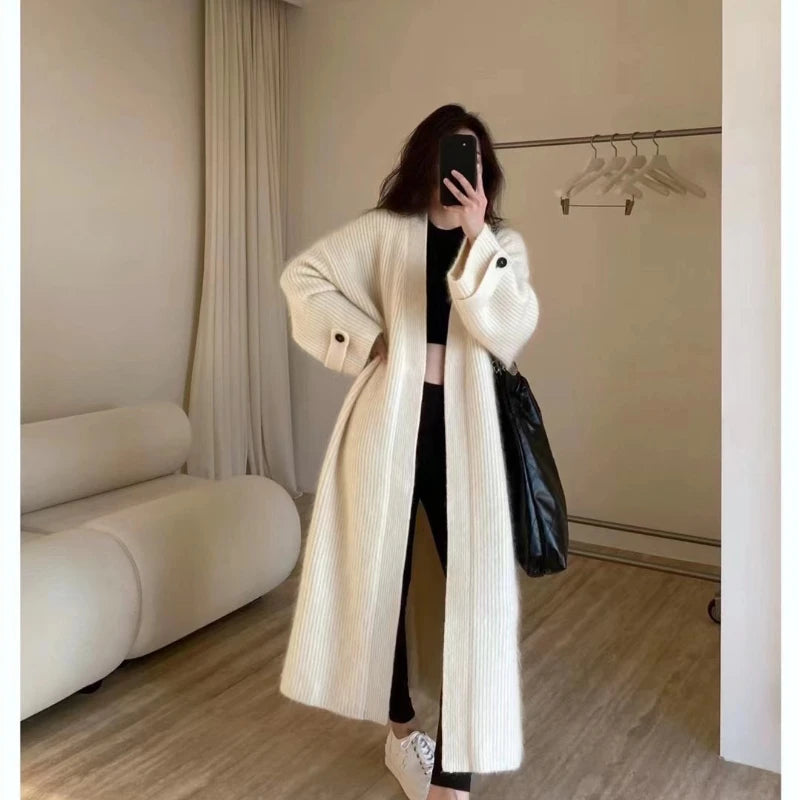 Fashion Retro Medium and Long Knitted Cardigan Sweater Women's Autumn and Winter New Casual Loose Solid Color Sweater Jacket