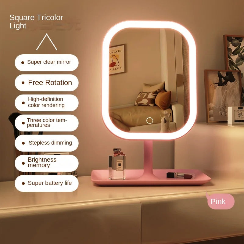 Niche Modern Desktop Vanity Mirror 3 Color Light LED Makeup Mirror Touching Mirror Women Bedroom Dressing Mirror