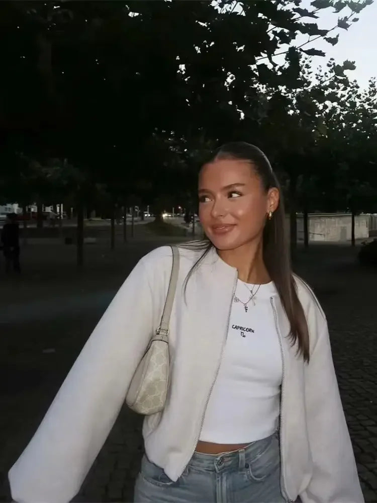 (Copy) Ladies Fashion Autumn Winter Jacket Women Retro Round Neck Long Sleeve Elastic Hem Zipper Soft Bomber Jacket Women Coat Female