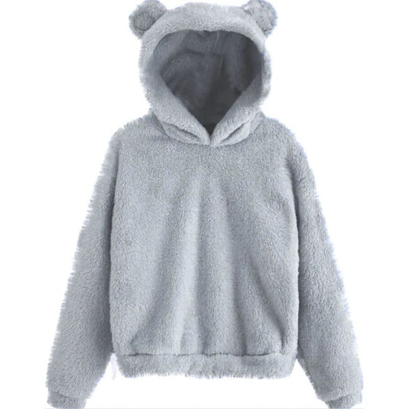 Winter Korean Fashion Bear Ears Cute Loose Hoodie Fluffy Hooded Warm Sweatshirt Long Sleeve Top Solid Pullover Clothes For Women
