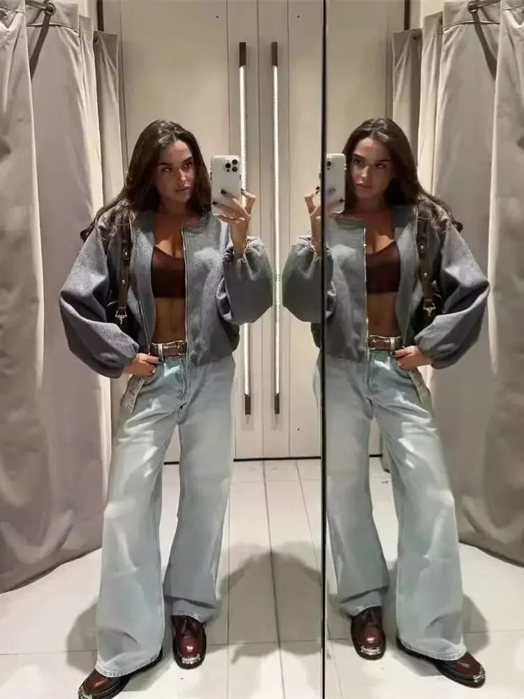 (Copy) Ladies Fashion Autumn Winter Jacket Women Retro Round Neck Long Sleeve Elastic Hem Zipper Soft Bomber Jacket Women Coat Female