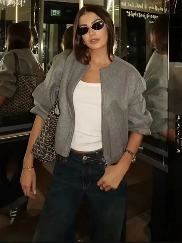 (Copy) Ladies Fashion Autumn Winter Jacket Women Retro Round Neck Long Sleeve Elastic Hem Zipper Soft Bomber Jacket Women Coat Female