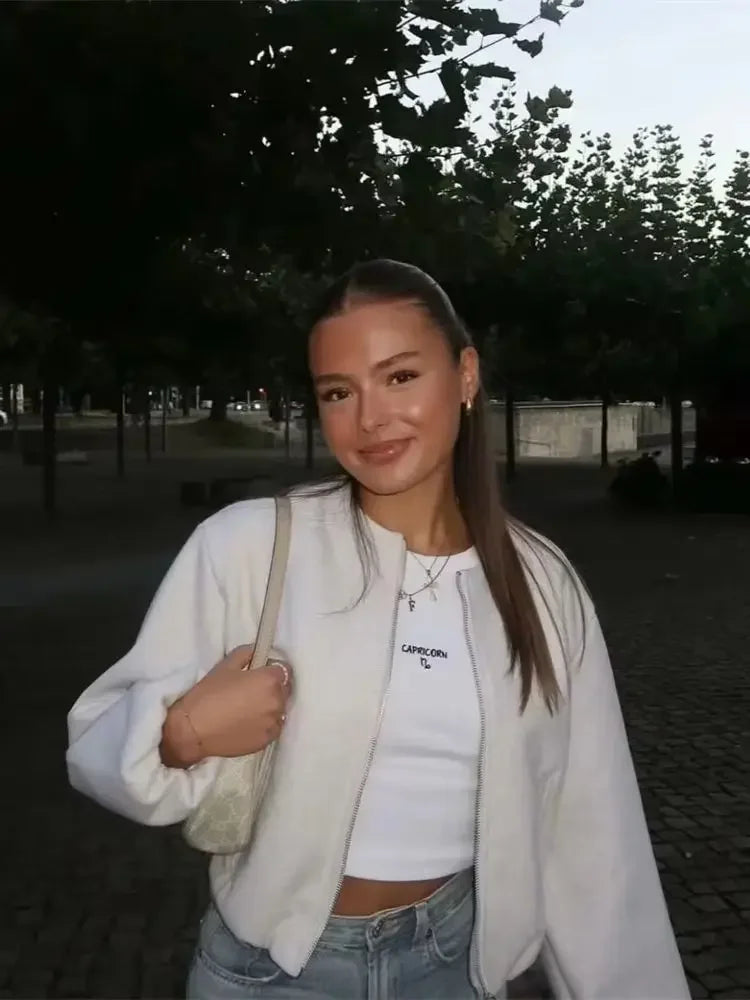 (Copy) Ladies Fashion Autumn Winter Jacket Women Retro Round Neck Long Sleeve Elastic Hem Zipper Soft Bomber Jacket Women Coat Female